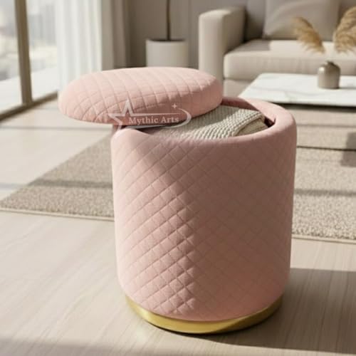 Image of Premium Round Storage Ottoman Stool 16 X 16X 19 inch, with Gold Metal Base | Luxury Pouffe with Hidden Storage | Cushioned Footrest for Living Room, Bedroom & Lounge Pink