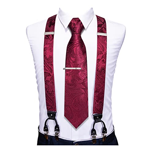 Image of Barry.Wang Men Suspender Set with Necktie Elastic Y Type Heavy Duty 6 Clips Braces Tie Handkerchief Cufflink Pin 6PCS