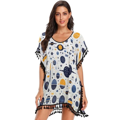 Space Doodles Star Art Women's Beach Cover Up Chiffon Tassel Swimwear Swimsuit Coverups for Girl