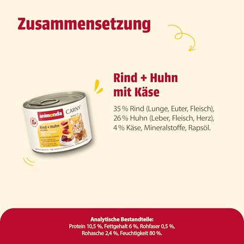 animonda Carny Katzen Nassfutter Senior Rind + Huhn + Käse (6 x 200g), Katzenfutter nass ohne Getreide ohne Zucker für Katzen ab 7 Jahren mit frischen und fleischigen Zutaten