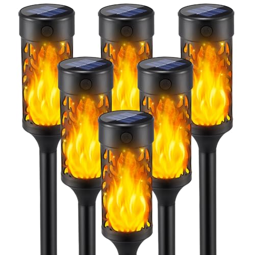 6Pack Waterproof Solar Tiki Torches with Flickering Flame for Outdoor Decor