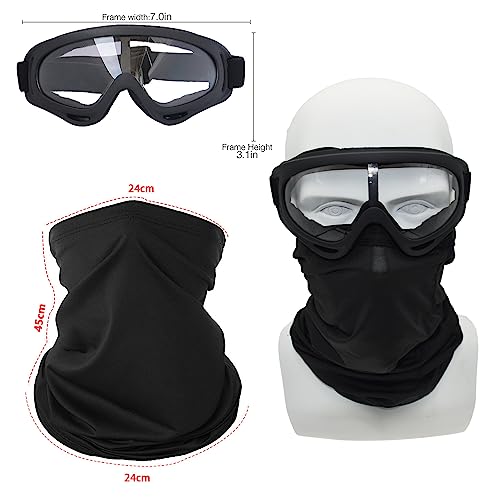 Image of LJDJ Motorcycle Goggles,2 Pack Dirt Bike ATV Motocross Riding Hiking Protective with 2 Pack Neck Breathable Bandana Mask (Black + Black /Clear Lens)