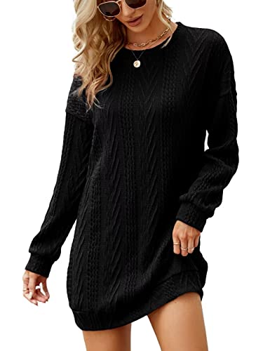 VIMPUNEC Damen Pulloverkleid mit Rundhalsausschnitt, Zopfstrick, langärmelig, Oversize, lässiges Pulloverkleid, schwarz, Klein