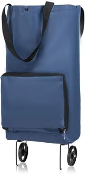 Folding Shopping cart,Collapsible Travel Trolley on Wheels Foldable Luggage Bag with Wheels,Waterproof Practical Grocery Bag Cart for Supermarket Dark Blue