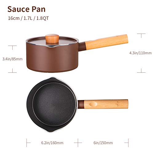 SKY LIGHT Sauce Pan 2 Quart, Nonstick Saucepan with Lid, Stone-Derived Granite Coating No-stick Saucier Pot, Ergonomics Wooden Handle, Pour Spouts Milk Pot, Induction Compatible, Brown