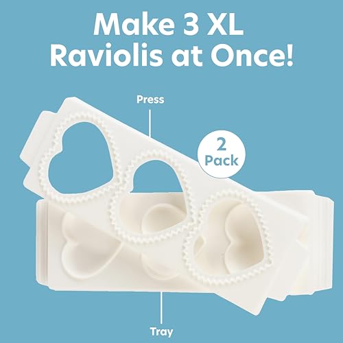 Jumbo 3" Heart Ravioli Molds 2 PK- Homemade Filled Pasta Maker- 2 Piece Tray & Press makes 3 Large Italian Raviolis at a Time, Easy to Use Clean- Add Love to your Next Italian Dinner- Gift for Her Him