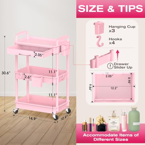 Image of Goovilla Rolling Makeup Organizer Cart with Removable Drawer, 3 Tier Stable Pink Floor Skincare Storage Cart for Vanity, Cosmetic Display, Nail Polish, Perfume, Hair Stuff, Beauty, Bathroom(Plastic)
