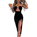 Women's Sexy Halter Plunging Neckline Ruched Bodycon Maxi Dress with High Slit Rave Party Club Dress Black