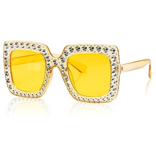 Gaomumu Oversized Rhinestone Sunglasses Square Diamond Glasses Fashion Thick Frames Retro Style for Beach Games Wedding Photo Shoots Party Dress-Up(Yellow)