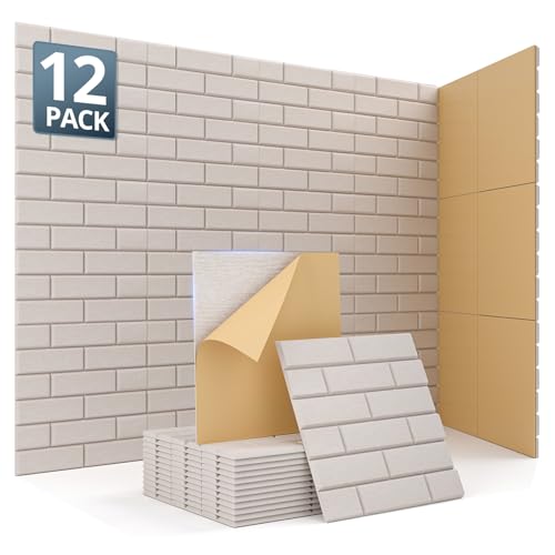 Image of Kuchoow Acoustic Wall Panels for Room& Office Sound Absorbing, 12 Pack Brick Pattern Beige Decorative Self Adhesive Art Acoustical Treatment Tiles for Ceiling Door Studio 12''x12''x0.4''