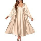 Women's Silk Robe Set V-neck 2 Piece Bridal Party Robes and Satin Bathrobe Sets Pajamas Camisole Lingerie Nightgown Beige