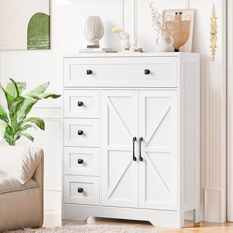 Farmhouse Storage Cabinet with 2 Doors and 5 Drawers, Freestanding Bathroom Storage Cabinet Kitchen Pantry Cabinet, Floor Storage Cabinet Hutch Cupboard for Living Room/Bathroom/Kitchen, White Cover