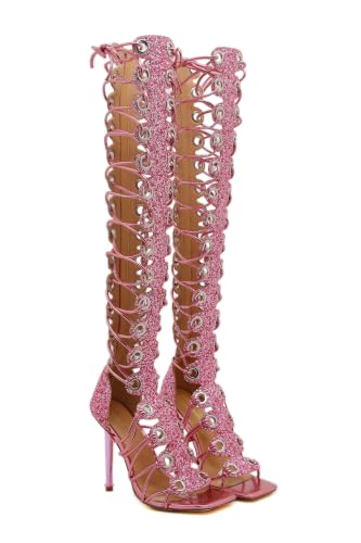 Image of STUPMARY Women Peep Toe Sandals Cut-outs Cross-tied Lace Up High Heeled Gladiator Sandals Zipper Over The Knee Bootie Summer