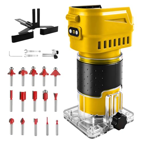 Cordless Router Compatible with Dewalt 20V Battery,850W, 30000RPM Brushless Motor Router Attach 15PCS 1/4" Router Bits,6 Speeds Wood Trimmer Set for Woodworking,Slotting(NO Battery)