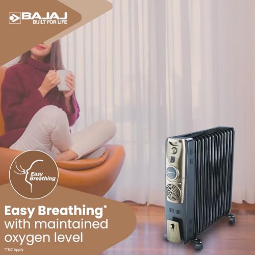 Image of Bajaj Majesty RH 13F Plus 2500 Watts 13 Fins Oil Filled Room Heater | ISI Approved | DuraProtek | Temperature Control | Auto Thermal Cut-Out | 2 Yr Warranty 【Black /Golden】