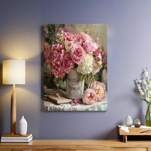 Toile roses et hortensias 50x40 cm pour habiller un mur blanc vide