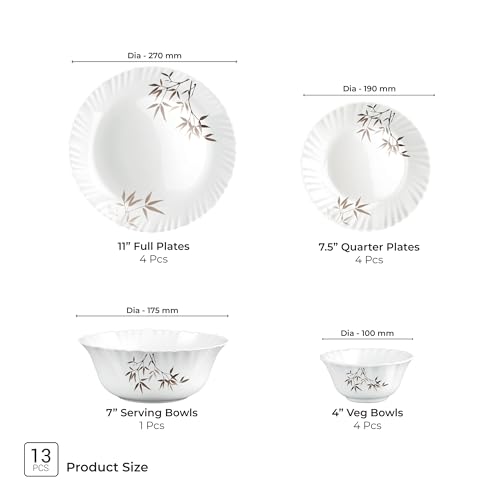 Image of Treo by Milton Opalware Aurelia Arashi Dinner Set of 13 | Serving for 4 | Microwave & Dishwasher Safe | Bone-Ash Free | Tempered Toughness | Plates & Bowls | Crockery Set for Dining & Gifting