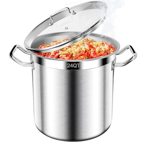 Stainless Steel Stock Pot-24QT Heavy Duty Induction Cooking Pot with Visible Lid, Commercial Grade Stock Pot & Stockpots for Boiling Cooking Soup Stew Canning Cooking Pots, Deep Cookware, Big Stockpot