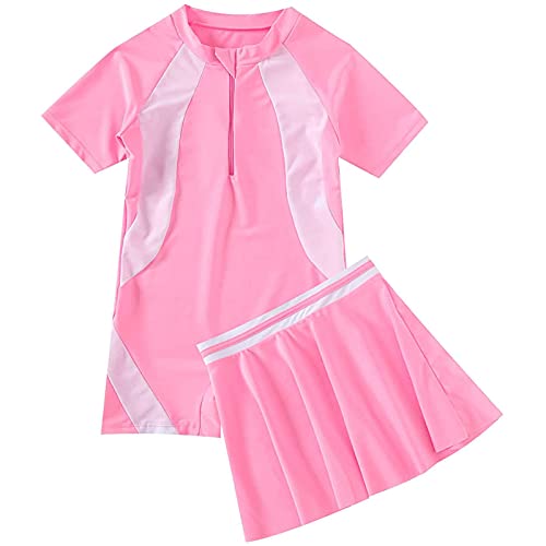 Image of ZUYPSK Kids Girls' Athletic Two-Piece Swimsuits Short Sleeve Rashguard Shirts with Swim Skirts Bathing Suit