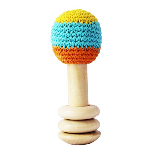 Shumee - Wooden Rattle Shaker Toy - Handmade Crochet Teething Toy - Montessori Style - Age 6+ Months (Bright Colors)