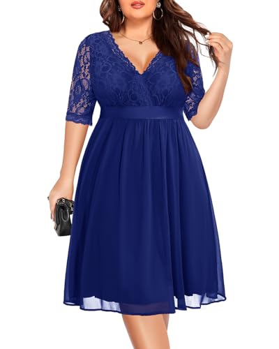Image of Pinup Fashion Plus Size Lace Chiffon Wrap V Neck Dresses Women Cocktail Wedding Guest Midi Dress