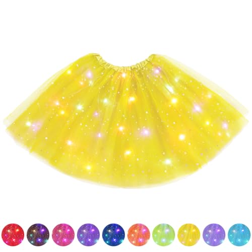 AYBUY Tutu Falda Mujer Lentejuelas Estrellas Luces LED, Talla Única, Amarillo+ Bolsa de Vacío, Adulto, Mujer, Baile, Primavera, Verano y Otoño