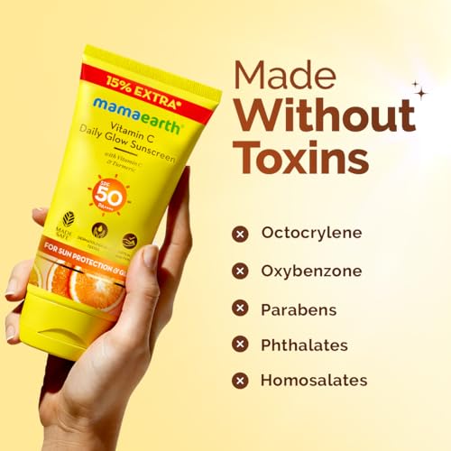 Image of Mamaearth Vitamin C Daily Glow Sunscreen with Vitamin C & Turmeric | For Sun Protection, Tan Protection & Glow | SPF 50 & PA++++ Protection | No White Cast | Lightweight & Non-Sticky | Brightens Skin | In-Vivo Tested | For All Skin Types | 34.5 g