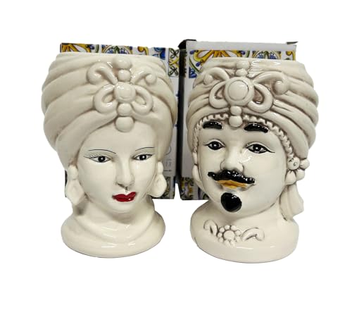 Coppia teste di moro regina e re in ceramica decorata stile siciliano vasi moderni gic (FUMÈ, 8 X H 13 CM)
