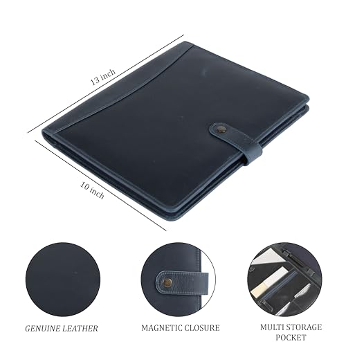 Image of KomalC Leather Portfolio Folder with Button Closure | Business Padfolio for Professionals | Vintage Organizer with Legal Pad Holder, Card Slots & Document Pockets (Blue)