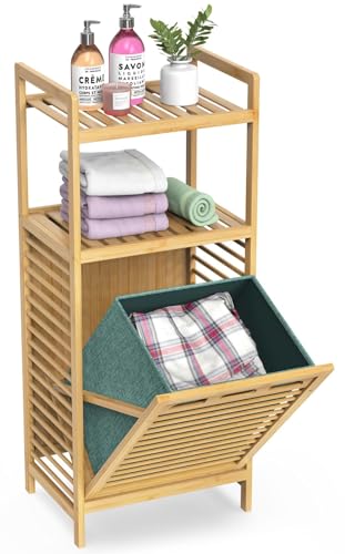 BAMBOOHOMIE Tilt Out Laundry Hamper, Bamboo Laundry Linen Hamper with Storage Shelves & Removable Clothes Basket, 2 Tier Freestanding Laundry Shelf for Guest Bathroom Laundry Room, Natural (2-Tier)