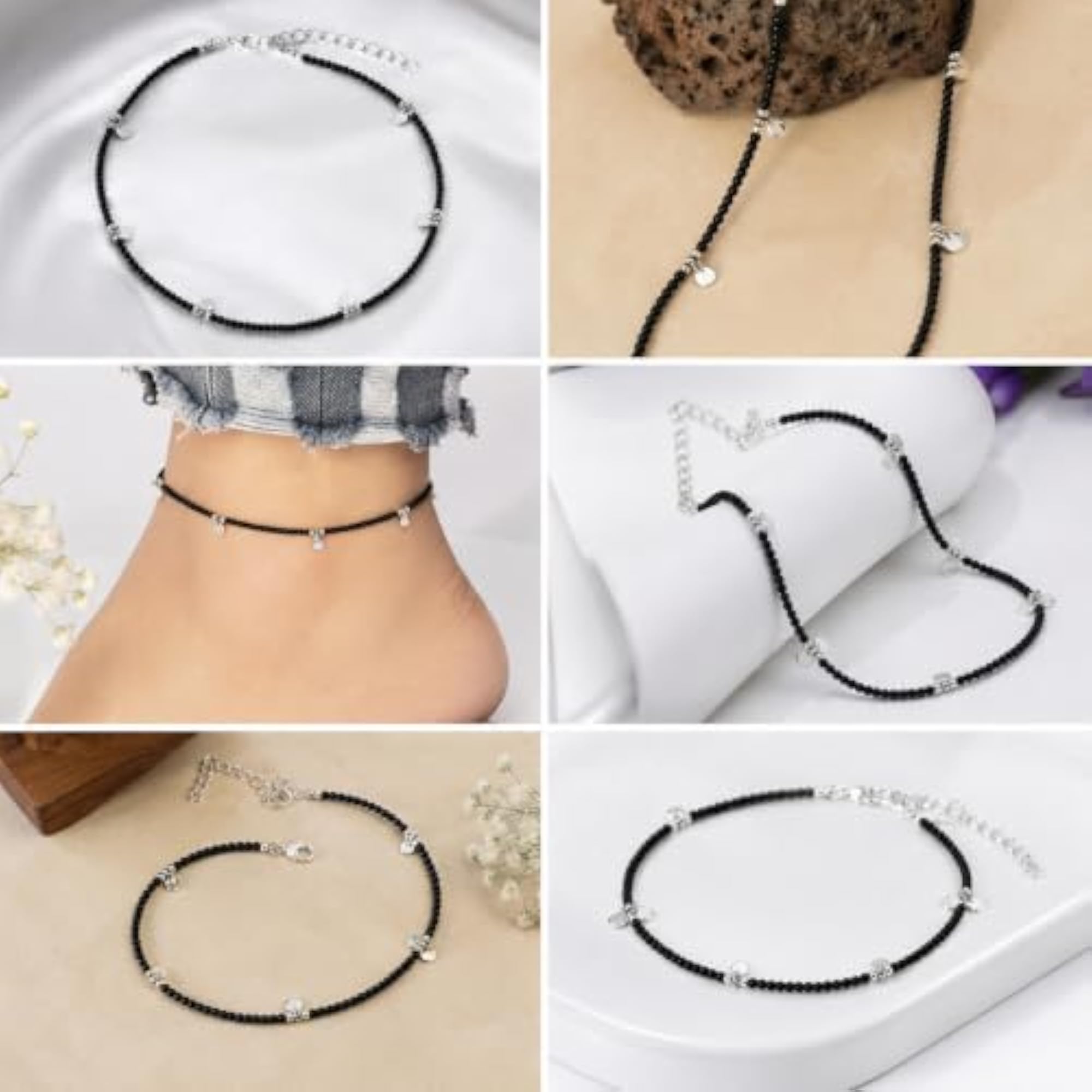 Women's Black Beaded Payal Anklet, Adjustable Daily Wear
