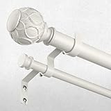 White Double Curtain Rod, 72 to 144 Inch Extra Long Dual Curtain Rods with Boho Netted Texture Finial, Decorative 1 Inch Adjustable Window Treatment Rods, Antique Vintage Farmhouse Double Drapery Pole