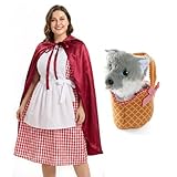 robe grise et blanche Le costume comprend : ce costume de chaperon rouge comprend une longue cape rouge avec une capuche attachée et une fermeture facile à nouer, une robe de style vichy rouge et blanc, avec un tablier blanc attaché, et un panier marron doux avec doublure vichy rouge à l'intérieur, et un loup gris en peluche, le look parfait pour tout événement déguisé