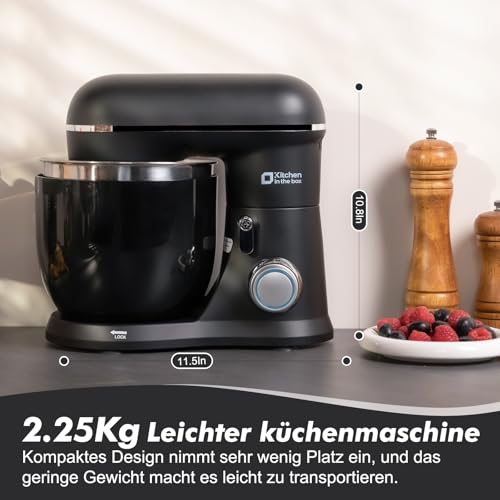 Kitchen in the box küchenmaschine, Zwei 3,5L Schüsseln, kleiner Knetmaschine, 10-Geschwindigkeits tragbarer, leichter Teigmaschine, mattes Rührmaschine mit Knethaken,Rührbesen und Schneebesen(Schwarz)