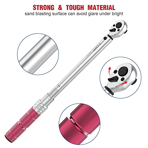 VANPO Llave dinamométrica de 1/2", 20-220 Nm, juego de 8 piezas, ± 3% de precisión de error con 2 alargadores de 75 mm y 125 mm, 5 llaves de vaso de 17 mm, 19 mm, 21 mm, 23 mm, camión, motocicleta