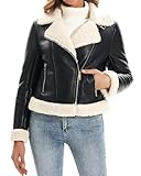 DIASHINY Women's Faux Shearing Fur Lined Coat Cropped Faux Leather Moto Sherpa Jacket Black White XL
