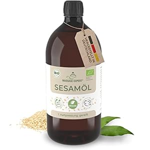 MASSAGE-EXPERT Sesamöl Bio kaltgepresst - Gereiftes Basisöl für Massage, Ayurveda, Hautpflege und Haarpflege [1 Liter Flasche mit Spritzeinsatz]