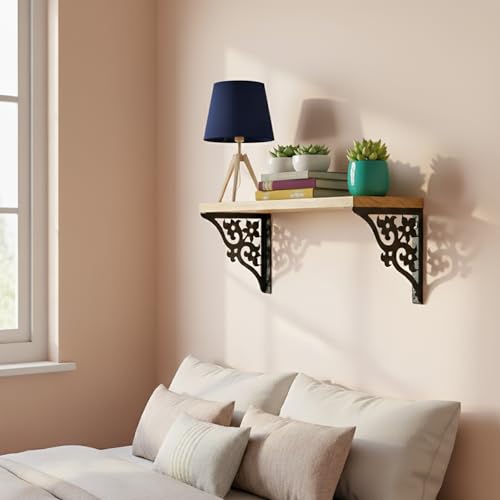 Image of Wall Shelf with Wooden Top Black|White Iron Brackets Storage Rack|Industrial Wall-Mounted Floating Shelf for Living Room,Kitchen,Bathroom (Black Triple Floral Large)