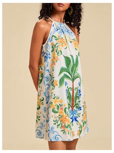 Image of SweatyRocks Women's Tropical Print Halter Dresses Sleeveless Holiday Summer Mini Dress