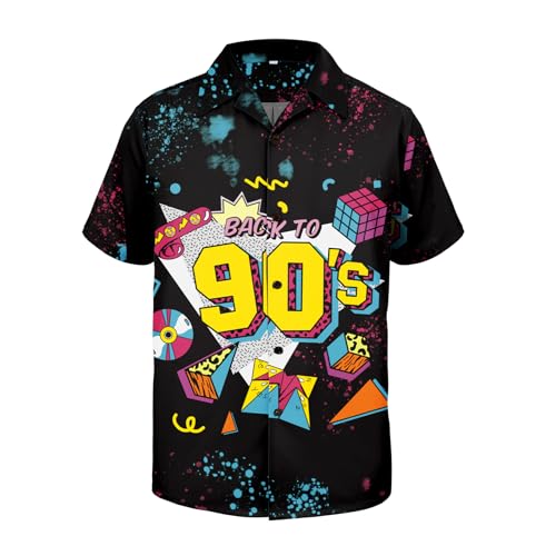 90s Shirt Mens Vintage Hawaiian Shirt | 90s Outfit for Men Retro Neon Print Lightweight Short Sleeve Beach Shirts for Disco Party Vacation Casual Wear Large