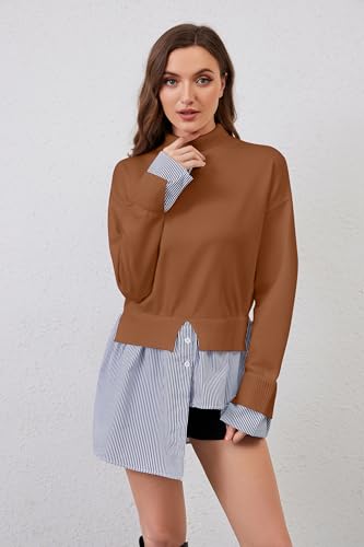 Image of MISSACTIVER Women Slit Turtleneck Patchwork Sweater 2 in 1 Buttons Down Pullover Knit Sweater Asymmetrical Hem Shirt Top