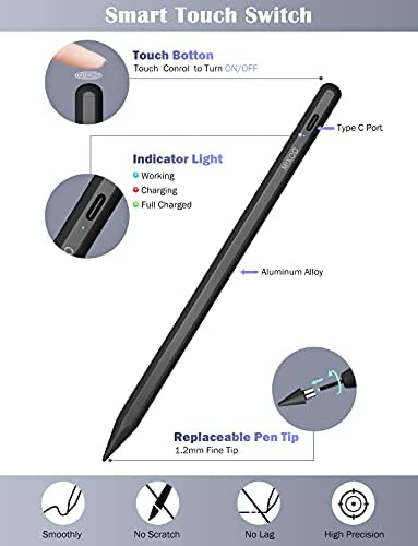 Mixoo Stylus Pen for iPad Pencil, Universal Active iPad Stylus Digital Pen, Magnetic Attach, Compatible with All iPad Air/Pro/Mini/iPhones/Samsung/Huawei/Google/HTC Android Tablets, Black