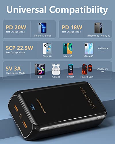Pisen 40000Mah Usb C Portable Charger Power Bank, 22.5W Pd Qc 3.0 Fast Charging External Phone Battery Pack Charger With Led Display, Tri-Outputs & Dual Inports For Iphone, Android, Etc #TOP7