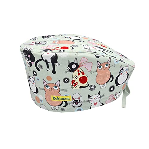 Image of Hats for Women and Mens Caps with Sweatband Adjustable Tie Back Working Cap Cotton One Size Unisex Skull Cap Cute Cat Print