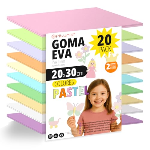 OFITURIA Pack 20 Hojas de Goma Eva Pastel, Tamaño 20x30cm, 10 Colores Surtidos Ideales para Proyectos Creativos, Manualidades, Uso Escolar o Profesional, Foamy EVA (Surtido Pastel)