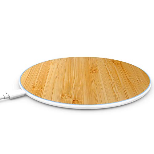 Wireless Charging Pad, Qi Phone Charger, Compatible With iPhone X, 8 Samsung Galaxy Smartphones, Fast Cordless Charging Pad, Bamboo Wooden Slim Flat Disk, Anti-Slip Wood Design, Sleep Friendly Light