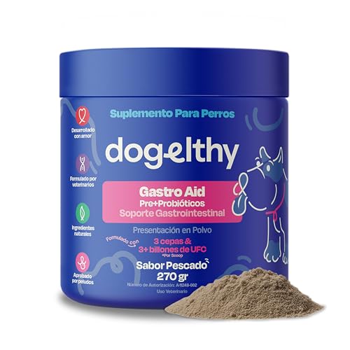 Dogelthy Gastro Aid. Pre + Probioticos con +3 Billones de UFC x Scoop. Suplemento para Perros. Complemento para Croquetas o Dieta Barf Sabor a Pescado de 270g