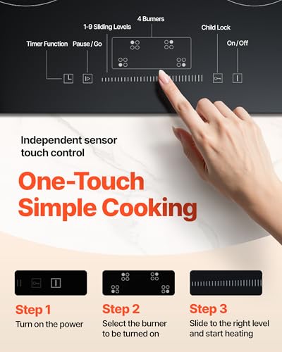Image of VEVOR Built in Electric Stove Top, 24inch 4 Burners, 240V Glass Radiant Cooktop with Sensor Touch Control, Timer & Child Lock Included, 9 Power Levels for Simmer Steam Slow Cook Fry