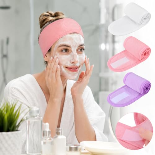 Image of Whaline 3Pcs Spa Facial Headbands Make Up Wrap Head Terry Cloth Headband Soft Adjustable Towel Band for Face Washing Shower Facial Cover Yoga (White, Light Pink, Light Purple)