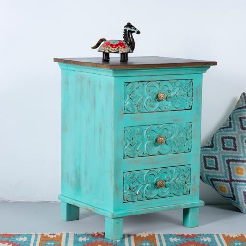 Image of Wooden Bedside Table for Bedroom | Solid Wood Orek Bedside Table with Drawers | Corner Side Table for Living Room | Traditional Handcrafted Furniture for Home Decor (Turquoise Distress)